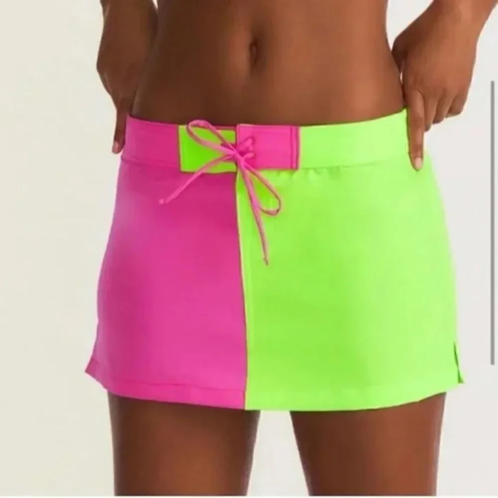 NWT LoveShackFancy X Hurley Solid Blocked Boardie Skirt neon pink green swimsuit